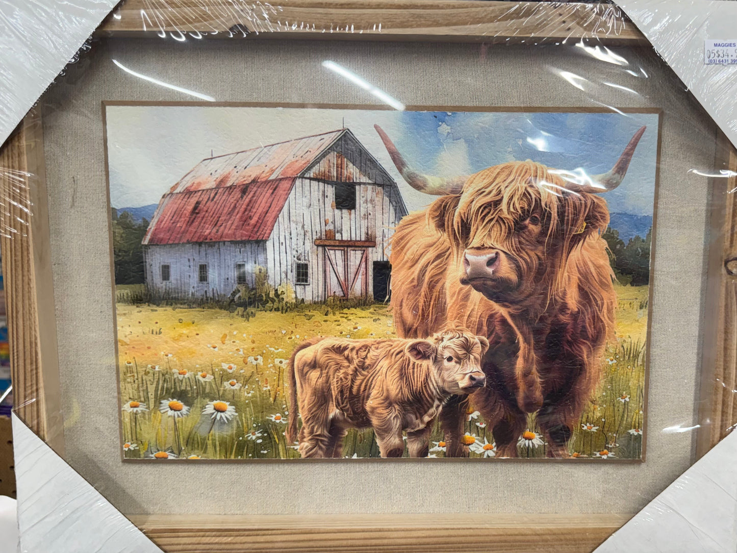 Highland Cows With Barn Wooden Frame