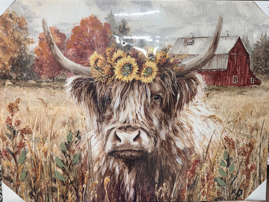 Higland Cow w/Flowers Canvas