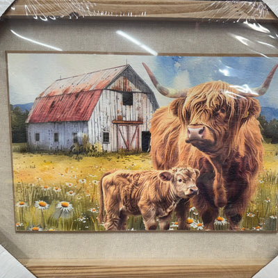 Highland Cows With Barn Wooden Frame
